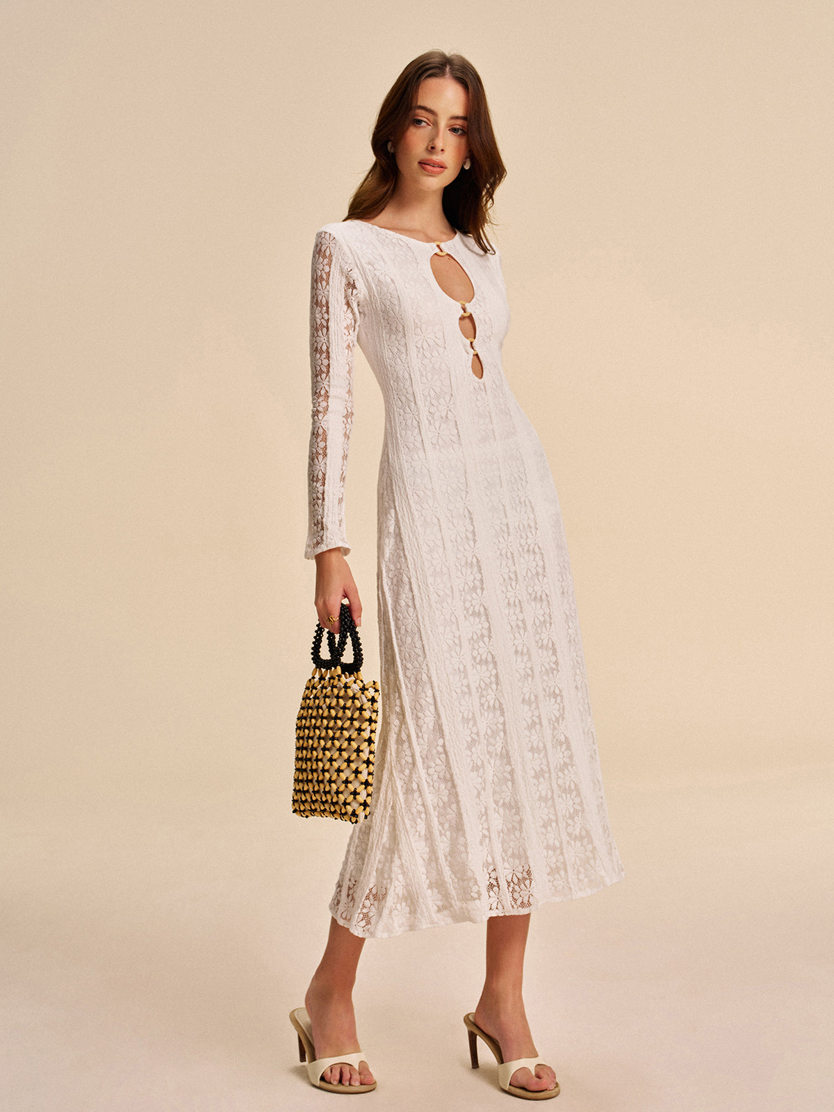 Dekolteli dantel midi elbise