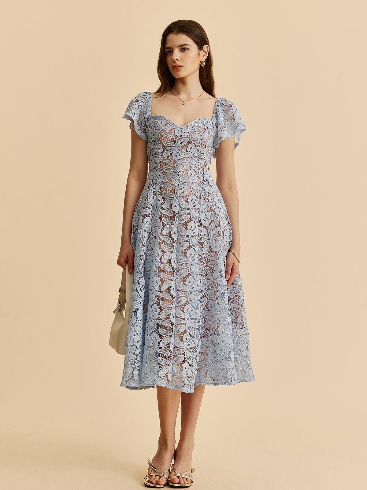 dantel detaylı midi elbise