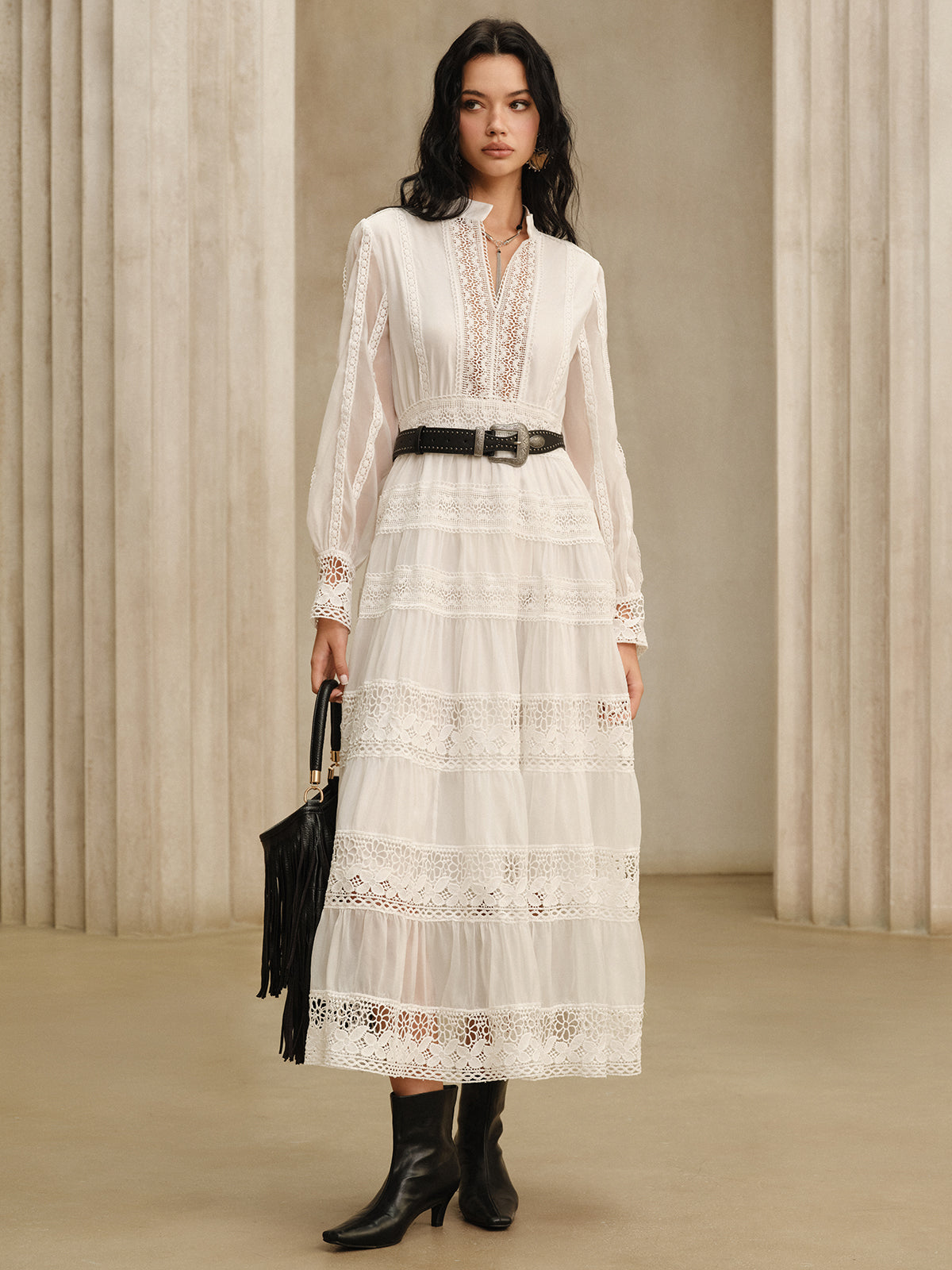 dantel detaylı maksi elbise