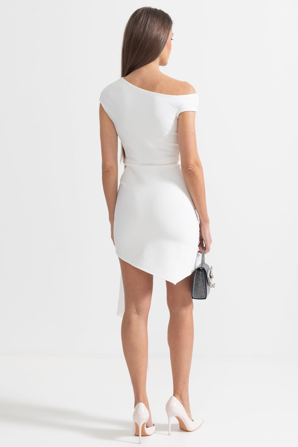 Çiçekli Broşlu Tek Omuzlu Drapeli Elbise