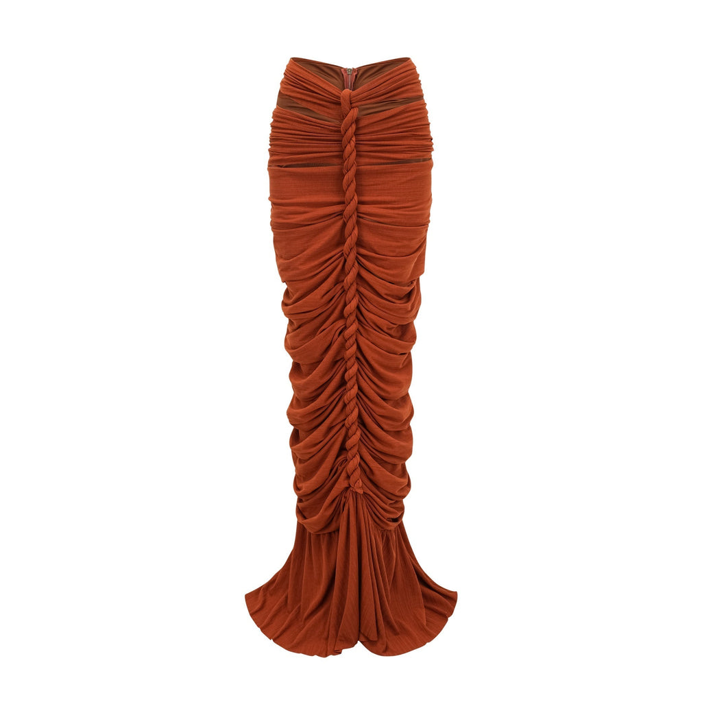 Célestine Kahverengi Burgu Detaylı Kesik Bluz ve Etek Takımı