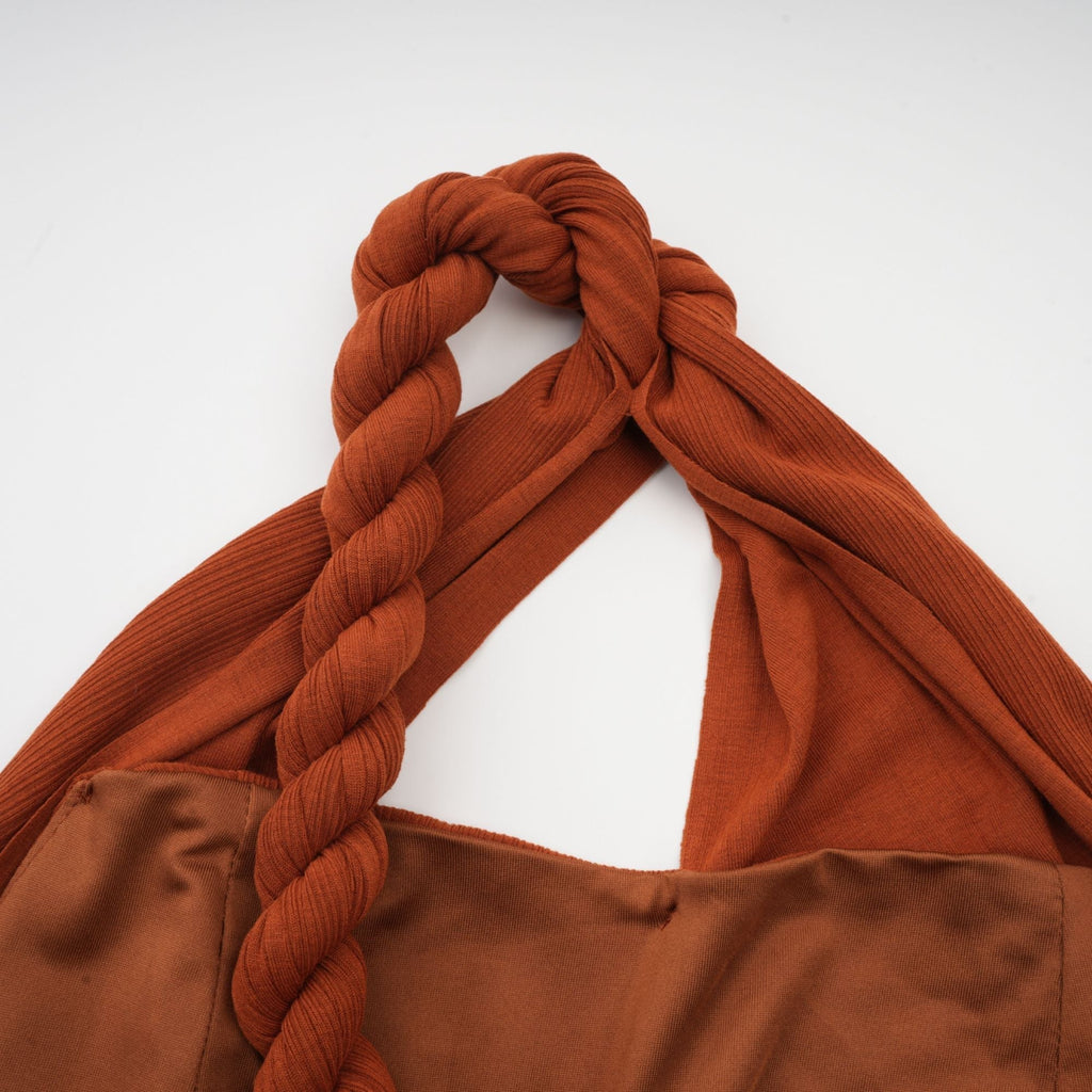 Célestine Kahverengi Burgu Detaylı Kesik Bluz ve Etek Takımı