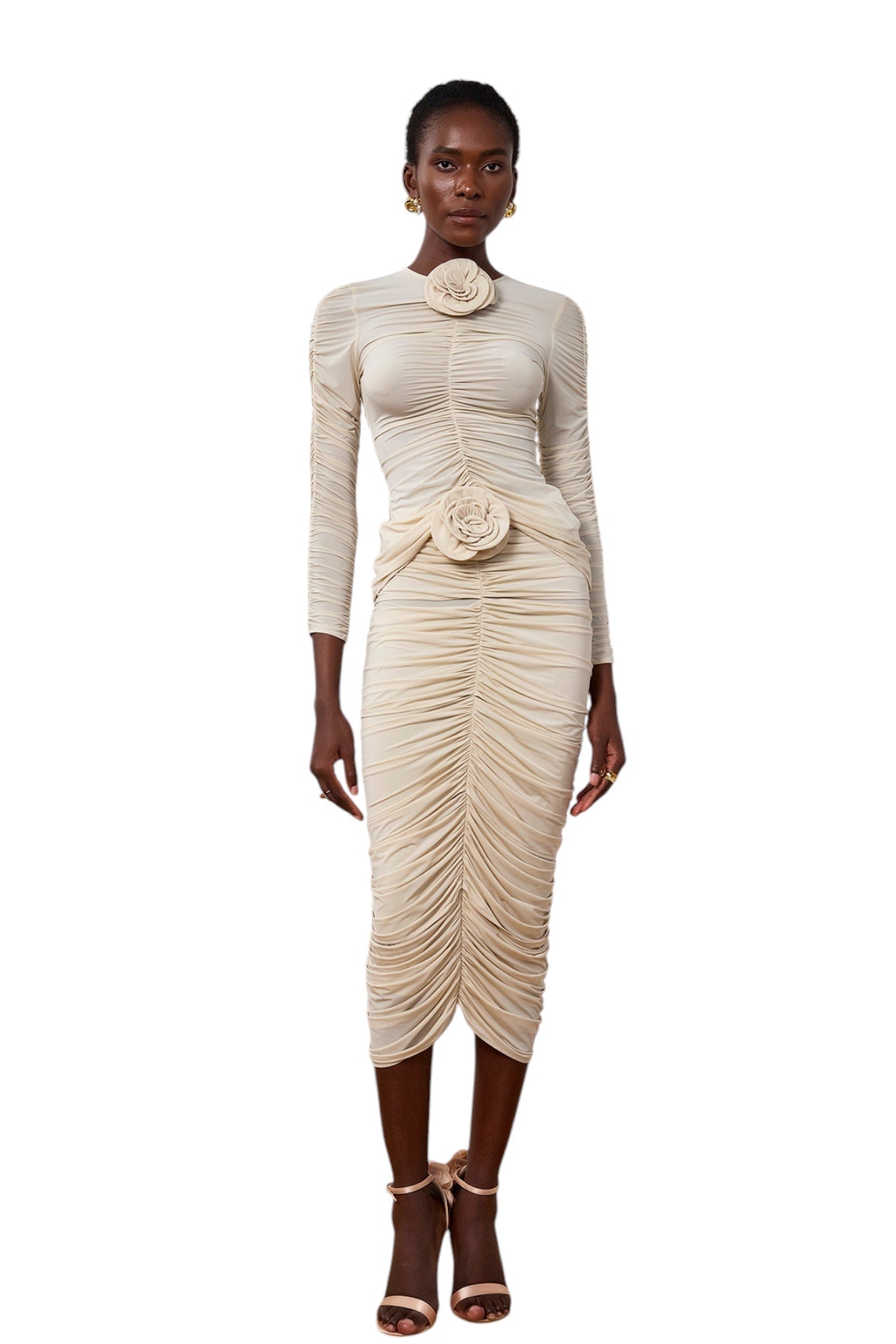 Çiçek Detaylı Büzgü ve Tül Midi Etek