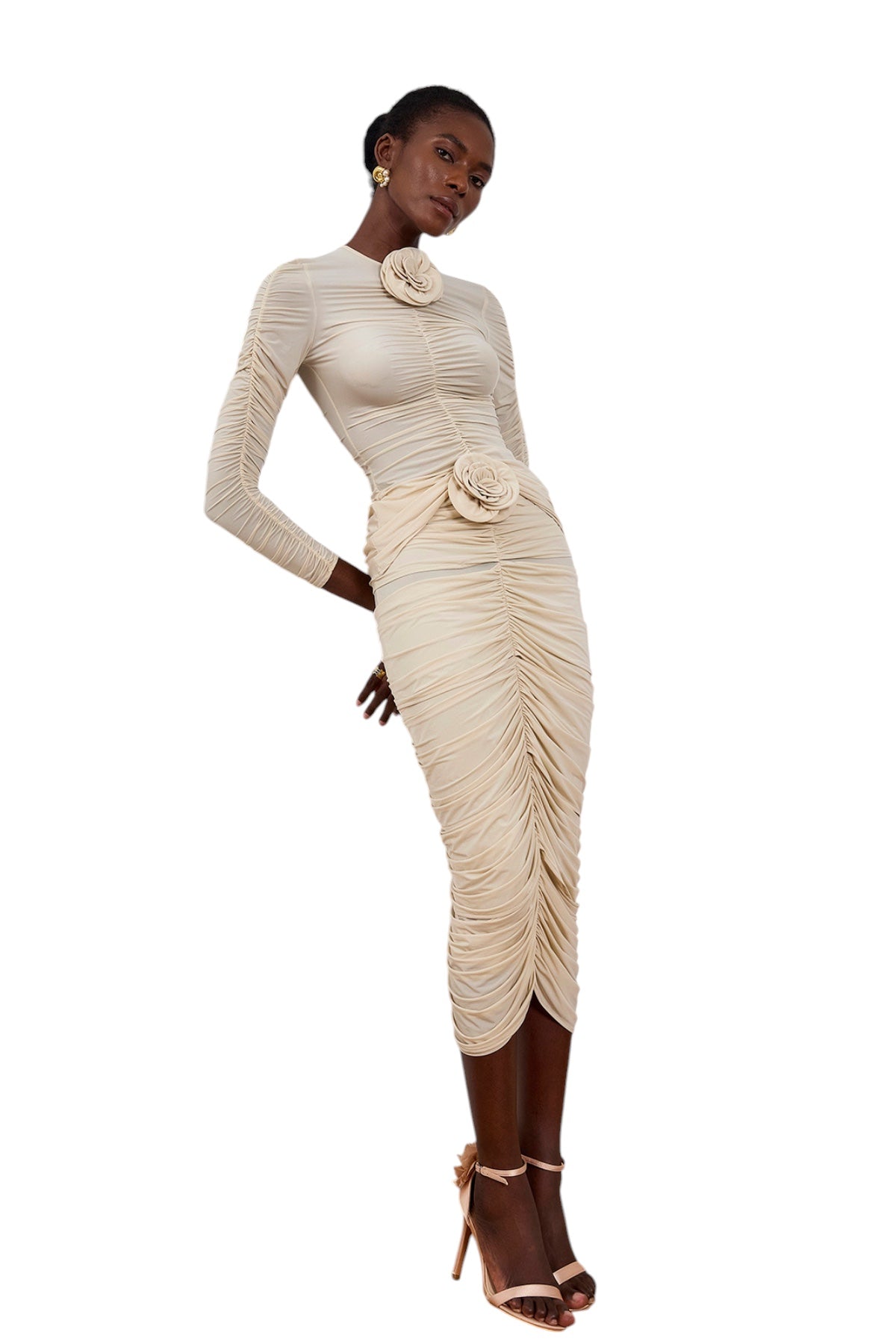 Çiçek Detaylı Büzgü ve Tül Midi Etek