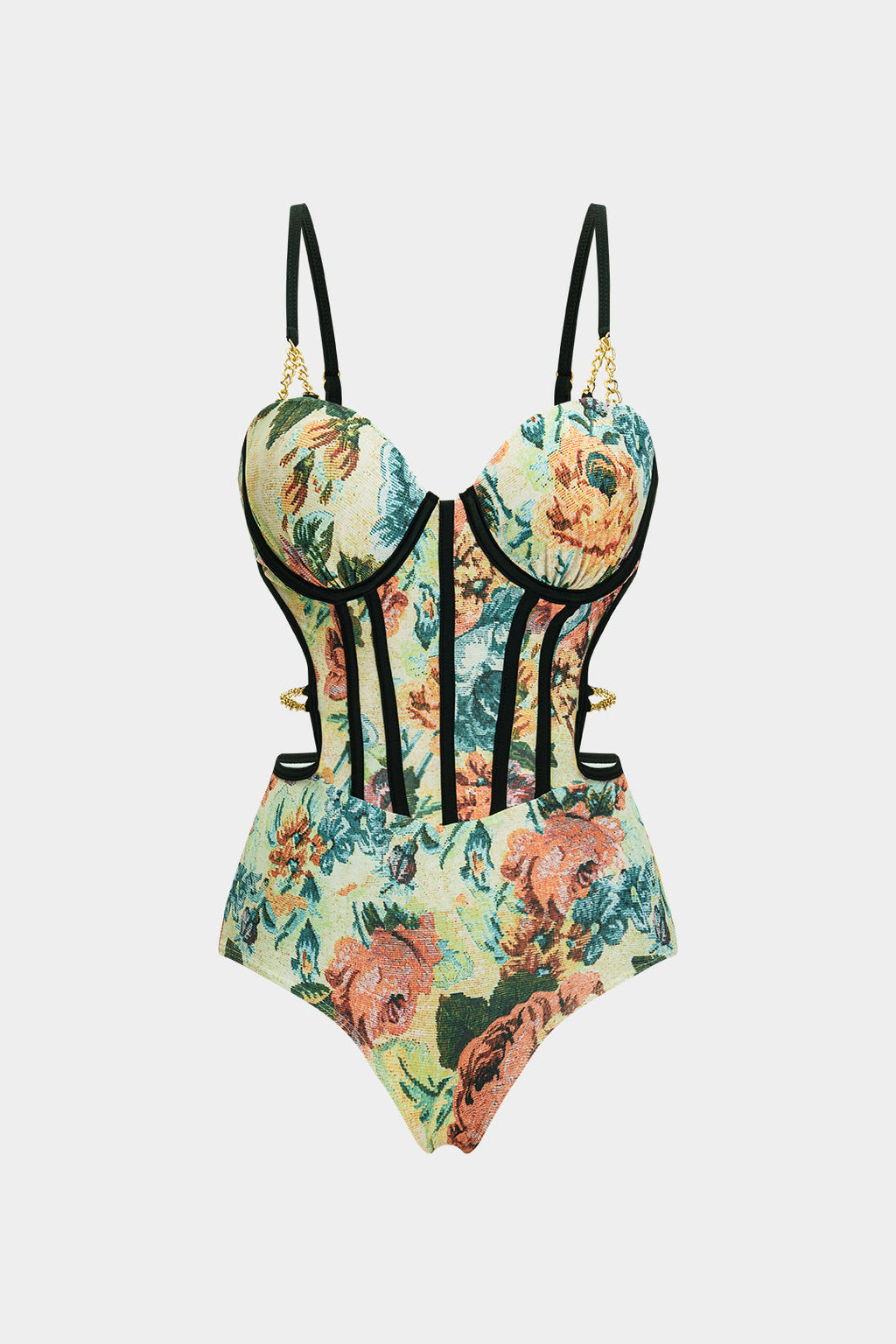 Çiçek Desenli Metalik Aksesuarlı Korse Karın Toparlayıcı Mayo ve Pareo Mayo Eteği Seti