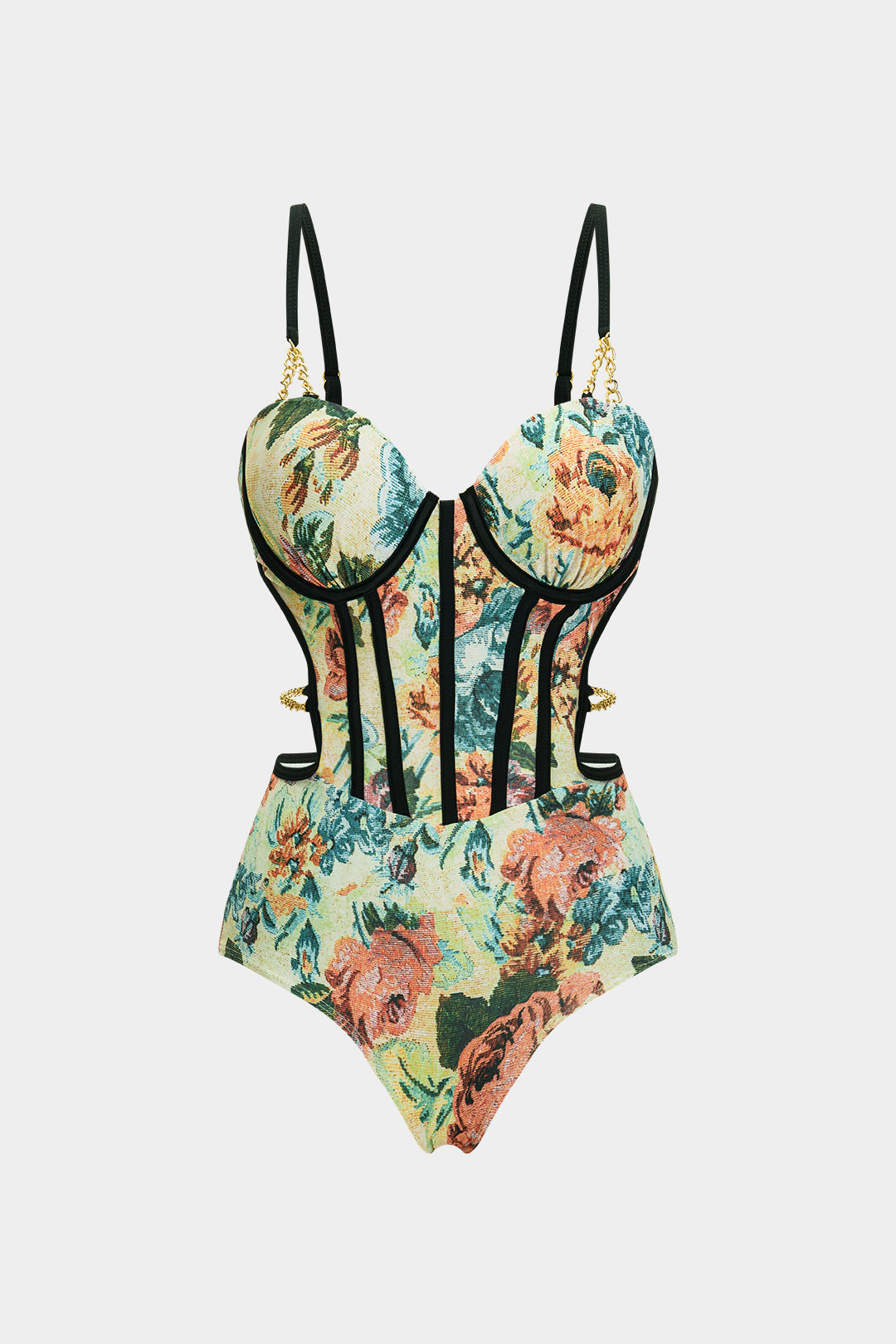 Çiçek Desenli Metalik Aksesuarlı Korse Karın Toparlayıcı Mayo ve Pareo Mayo Eteği Seti