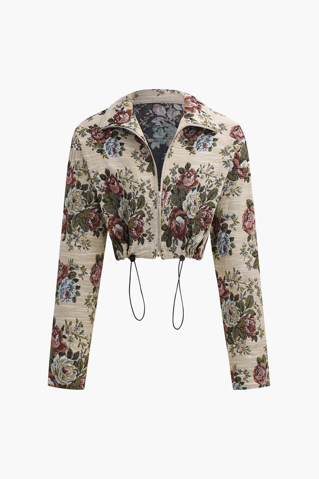 Çiçekli Jakarlı Fermuar Detaylı Büzgülü Ceket
