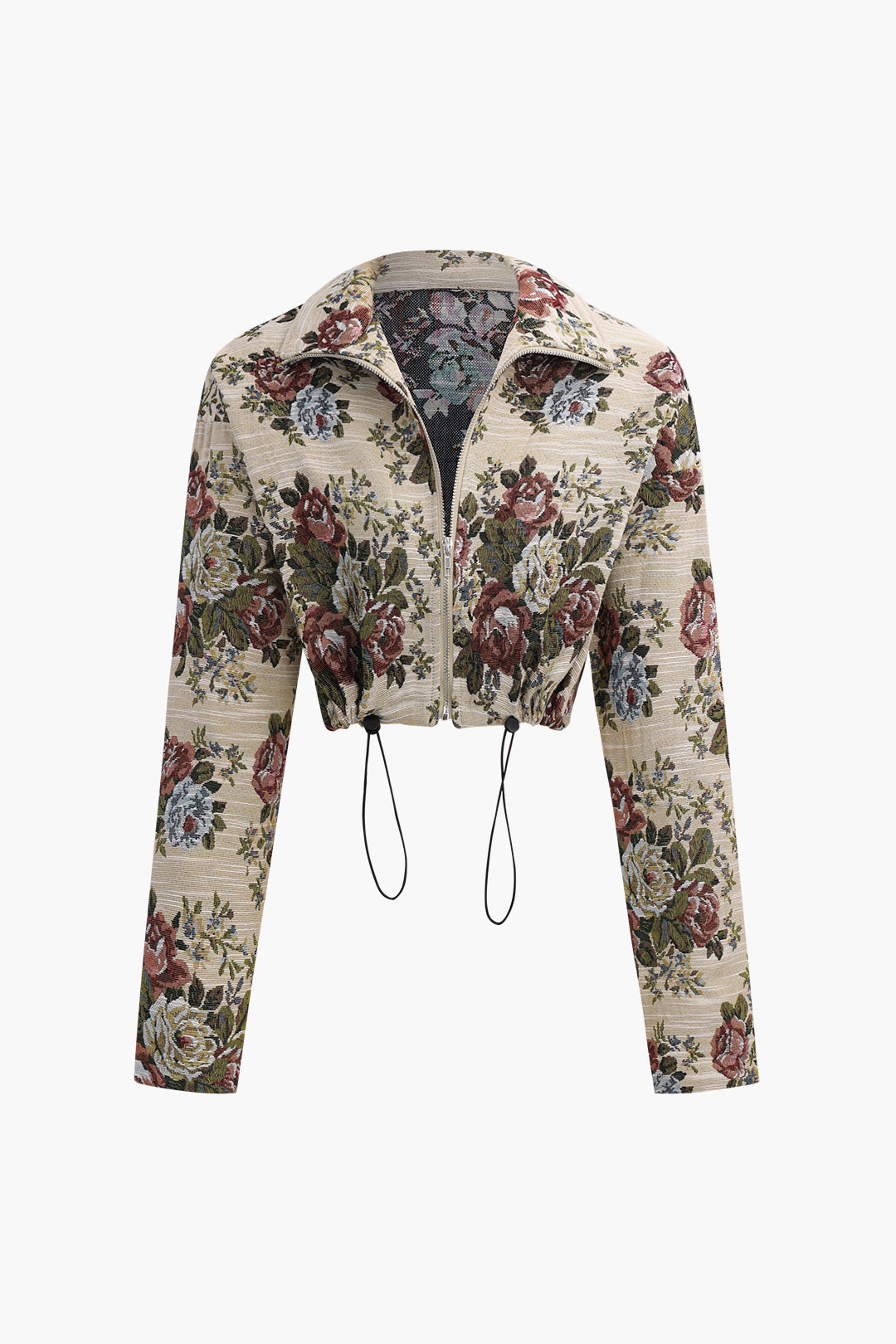 Çiçekli Jakarlı Fermuar Detaylı Büzgülü Ceket