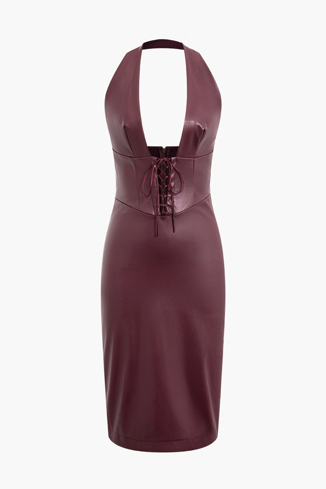 Boyundan Bağlamalı Deri Midi Elbise