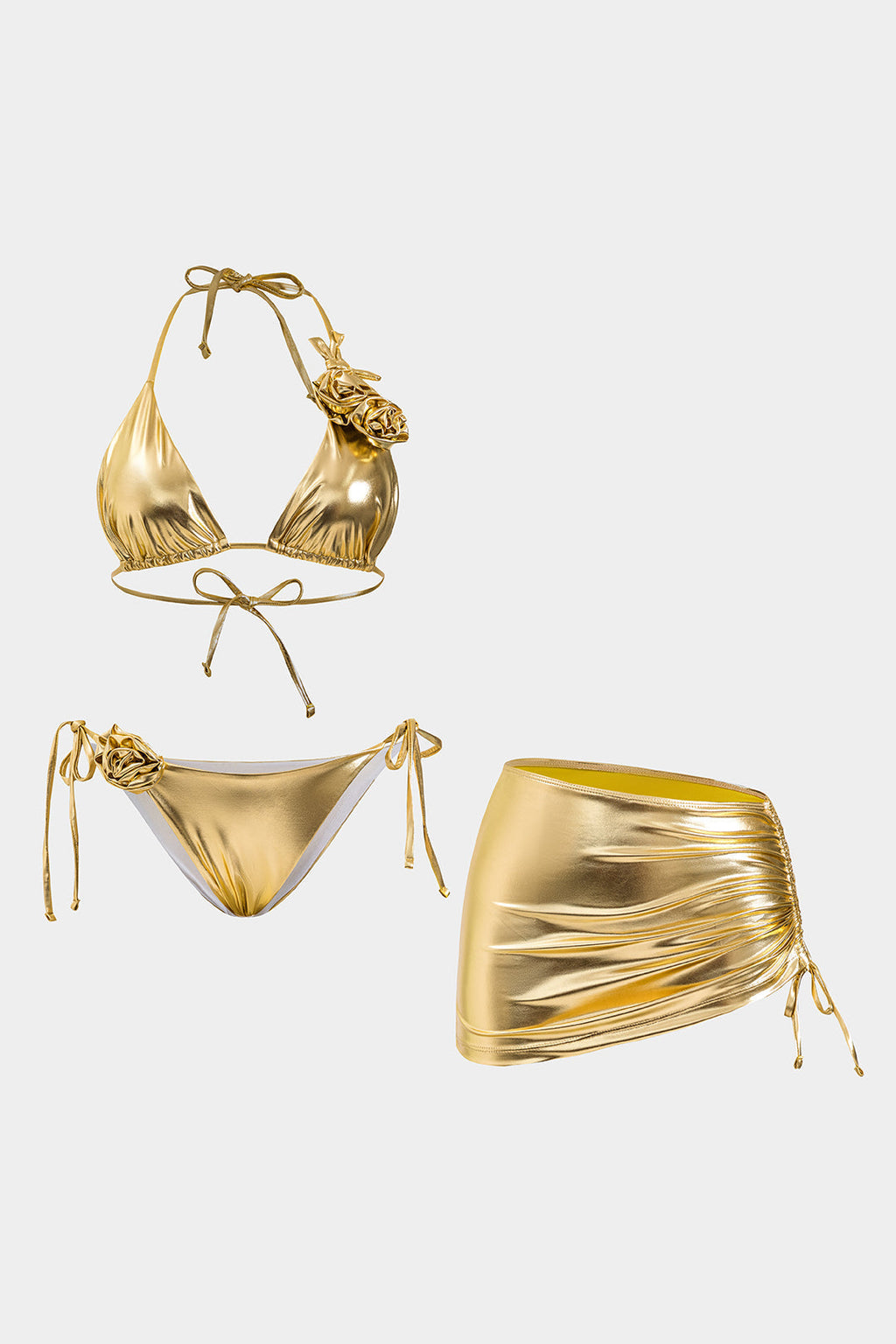 3D Çiçekli Bağlamalı Bikini ve Mayo Eteği Pareo Takım