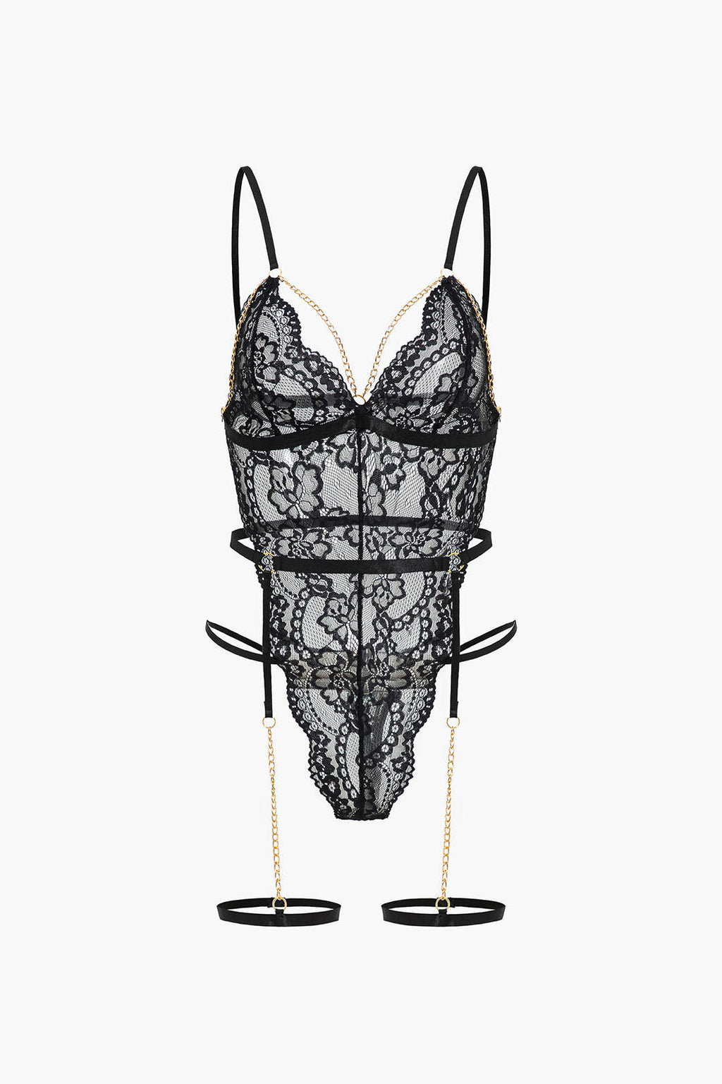 Dantel Metalik Zincir Kesik Detaylı Şeffaf İç Giyim Garter Seti
