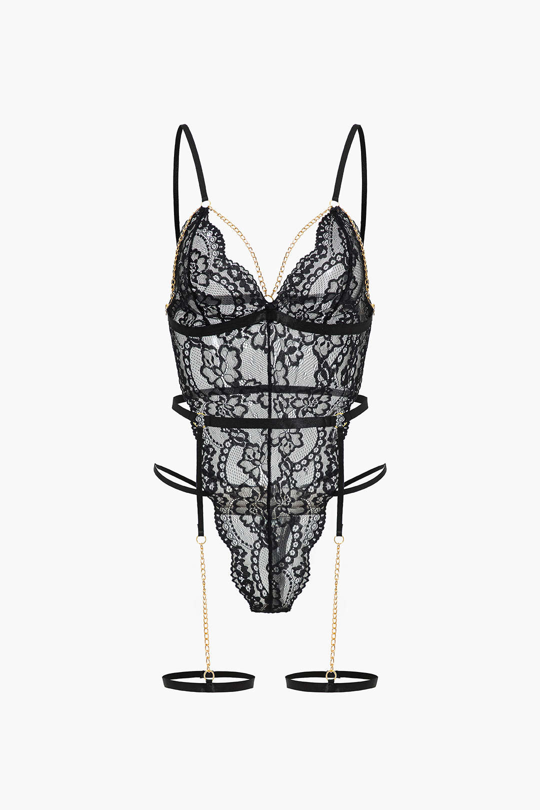 Dantel Metalik Zincir Kesik Detaylı Şeffaf İç Giyim Garter Seti