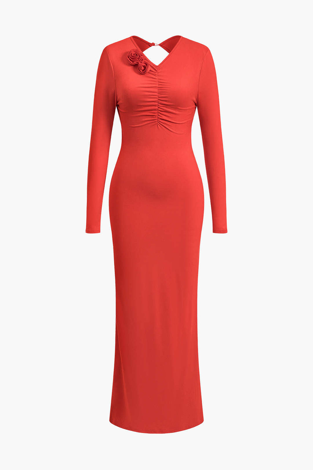 3D Çiçek Drapeli Sırt Dekolteli Uzun Kollu Yırtmaçlı Maxi Elbise