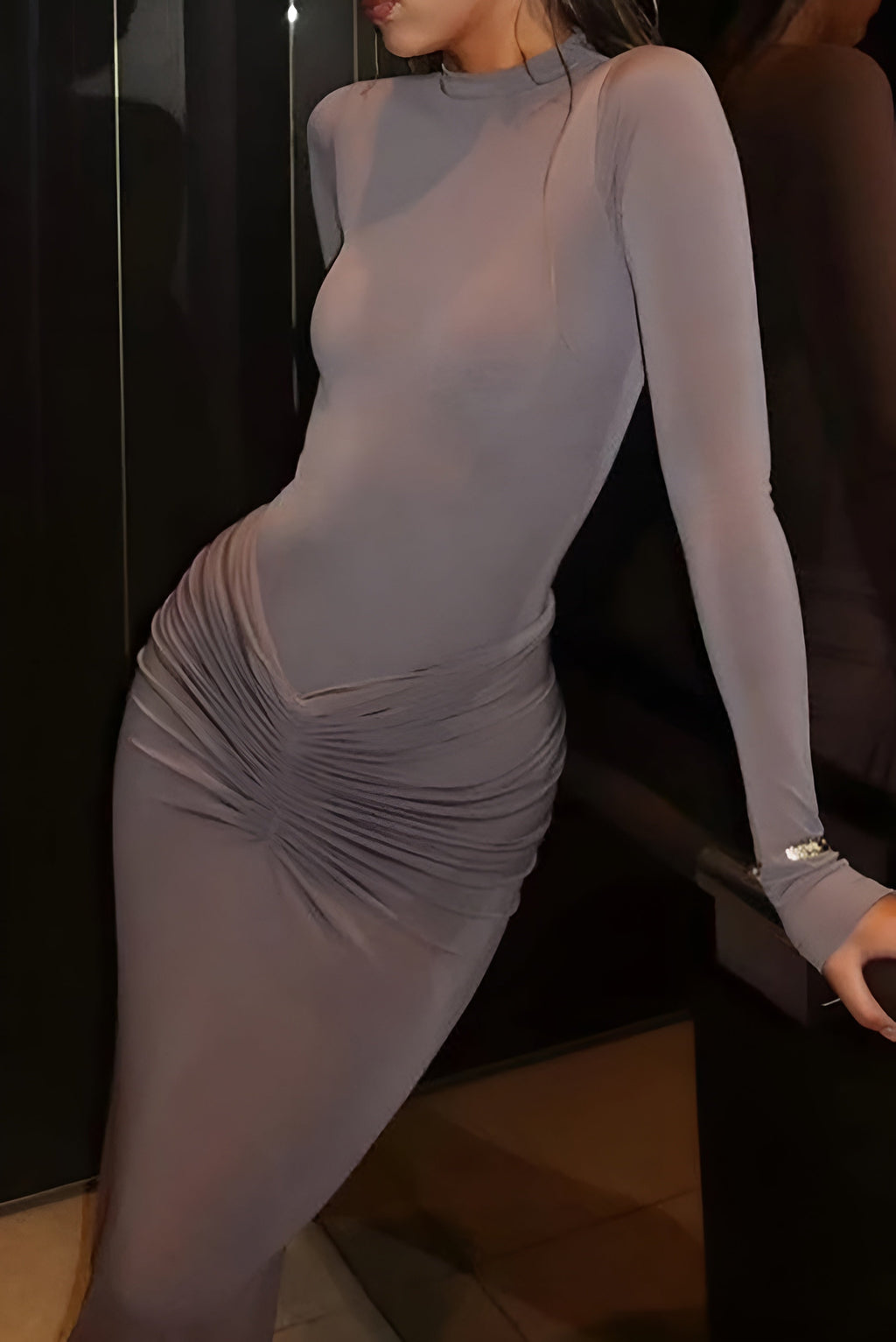 Beli Dantelli Uzun Kollu maksi Elbise