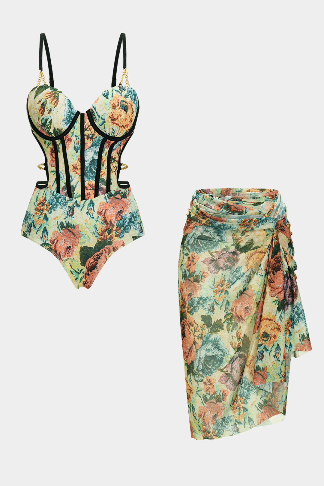 Çiçek Desenli Metalik Aksesuarlı Korse Karın Toparlayıcı Mayo ve Pareo Mayo Eteği Seti