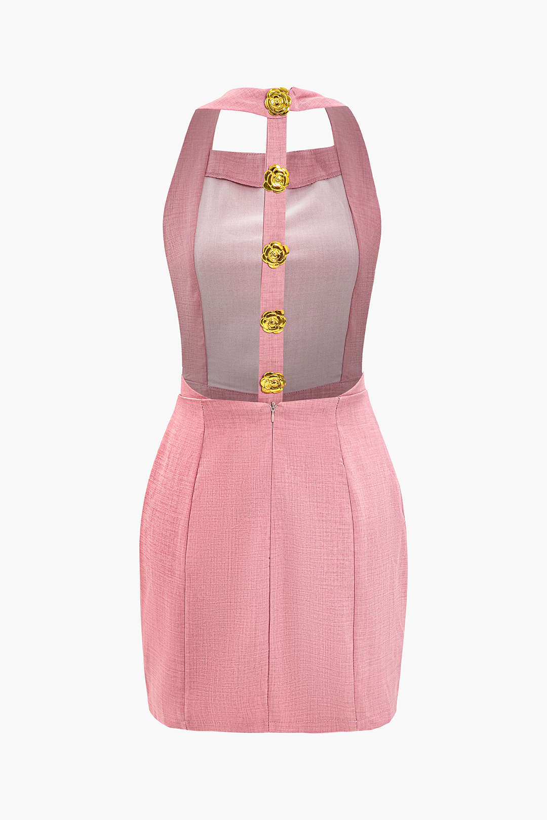 Çiçek Desenli Düğme Detaylı Halter Yaka Sırt Açık Mini Elbise